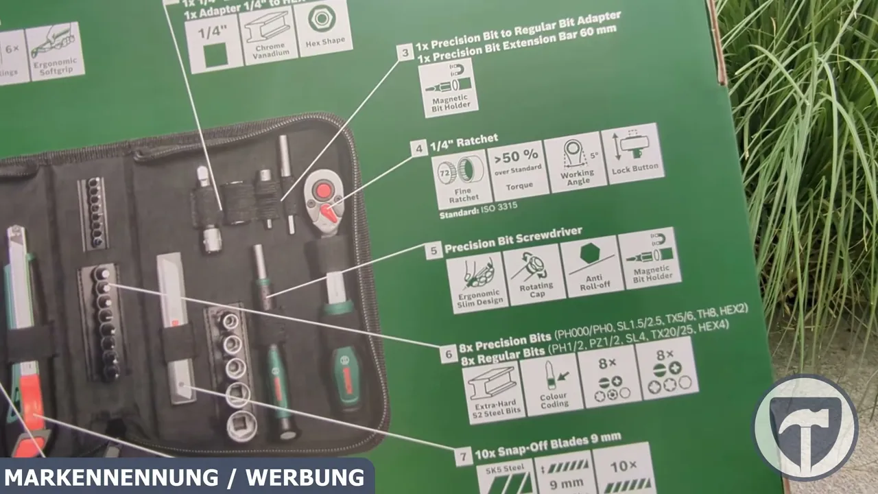 Die kompakte Ratsche und der Feinmechaniker-Schraubendreher werden durch diverse Standard- und Präzisions-Bits ergänzt.